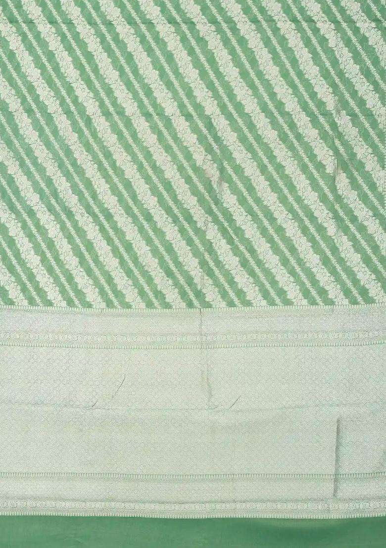 Aquamarine Handloom Banarasi Tissue Saree With Floral Motifs With Buttas And Brocade Design For Women - Indya