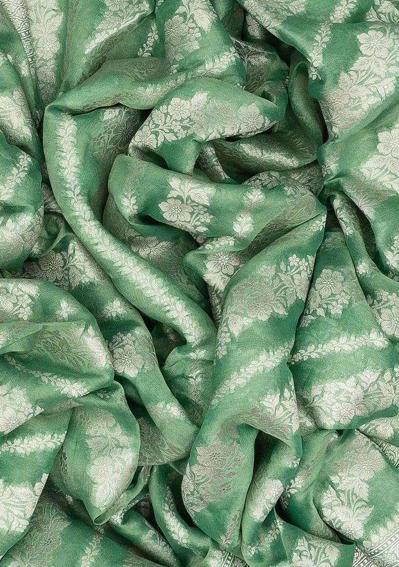 Aquamarine Handloom Banarasi Tissue Saree With Floral Motifs With Buttas And Brocade Design For Women - Indya