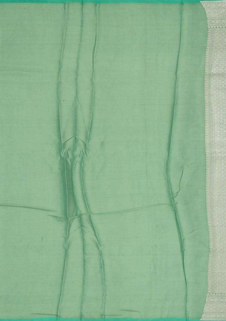 Aquamarine Handloom Banarasi Tissue Saree With Floral Motifs With Buttas And Brocade Design For Women - Indya