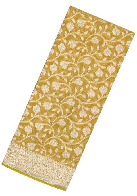 Beige Handloom Banarasi Tissue Saree With Floral Motifs With Buttas And Brocade Design For Women