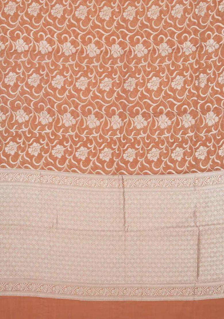 Peach Handloom Banarasi Tissue Saree With Floral Motifs With Buttas And Brocade Design For Women - Indya