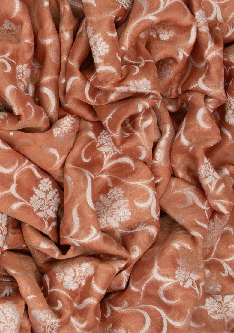 Peach Handloom Banarasi Tissue Saree With Floral Motifs With Buttas And Brocade Design For Women - Indya