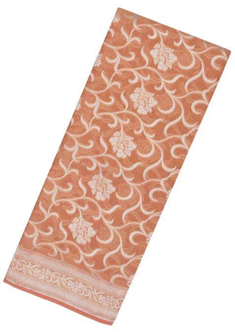 Peach Handloom Banarasi Tissue Saree With Floral Motifs With Buttas And Brocade Design For Women