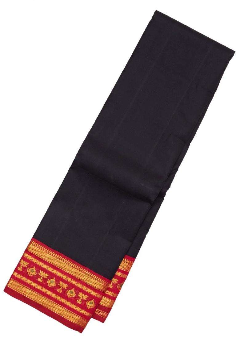 Black Handloom Korvai Kanchipuram Silk Saree With Crimson Border With Korvai And Temple Border Design For Women - Indya
