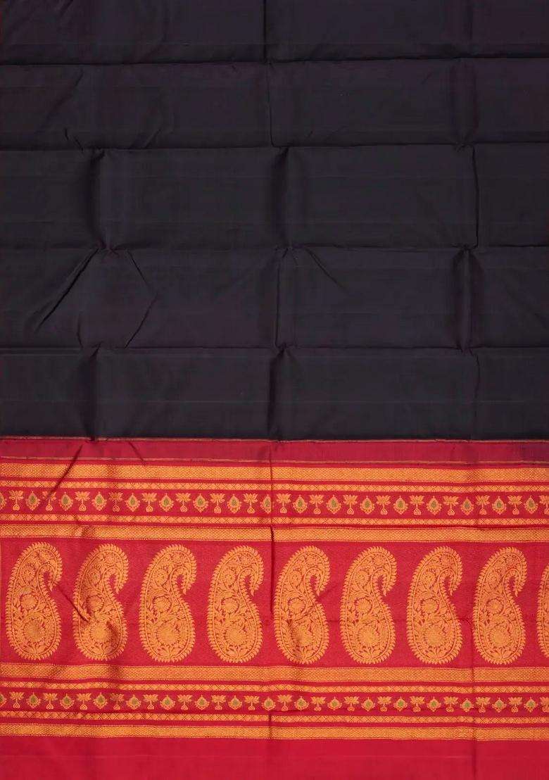 Black Handloom Korvai Kanchipuram Silk Saree With Crimson Border With Korvai And Temple Border Design For Women - Indya