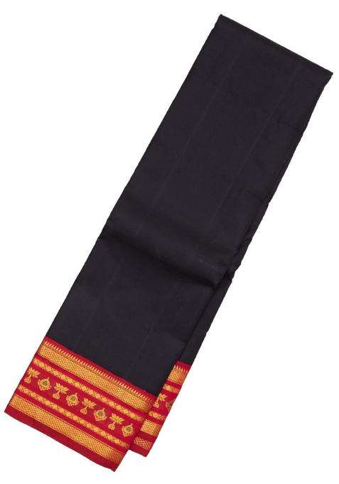Black Handloom Korvai Kanchipuram Silk Saree With Crimson Border With Korvai And Temple Border Design For Women