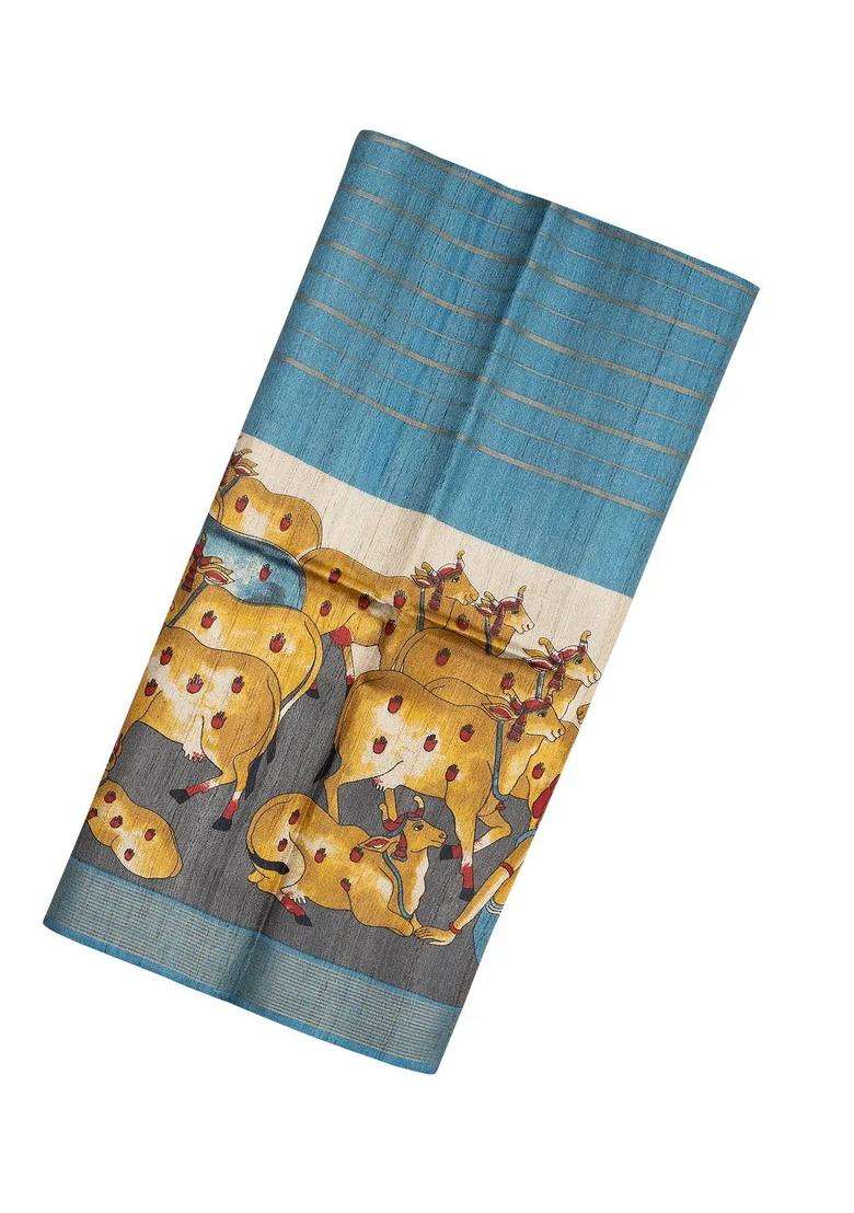 Steel Blue Handloom Tussar Silk Saree With Checks Printed Motifs For Women - Indya