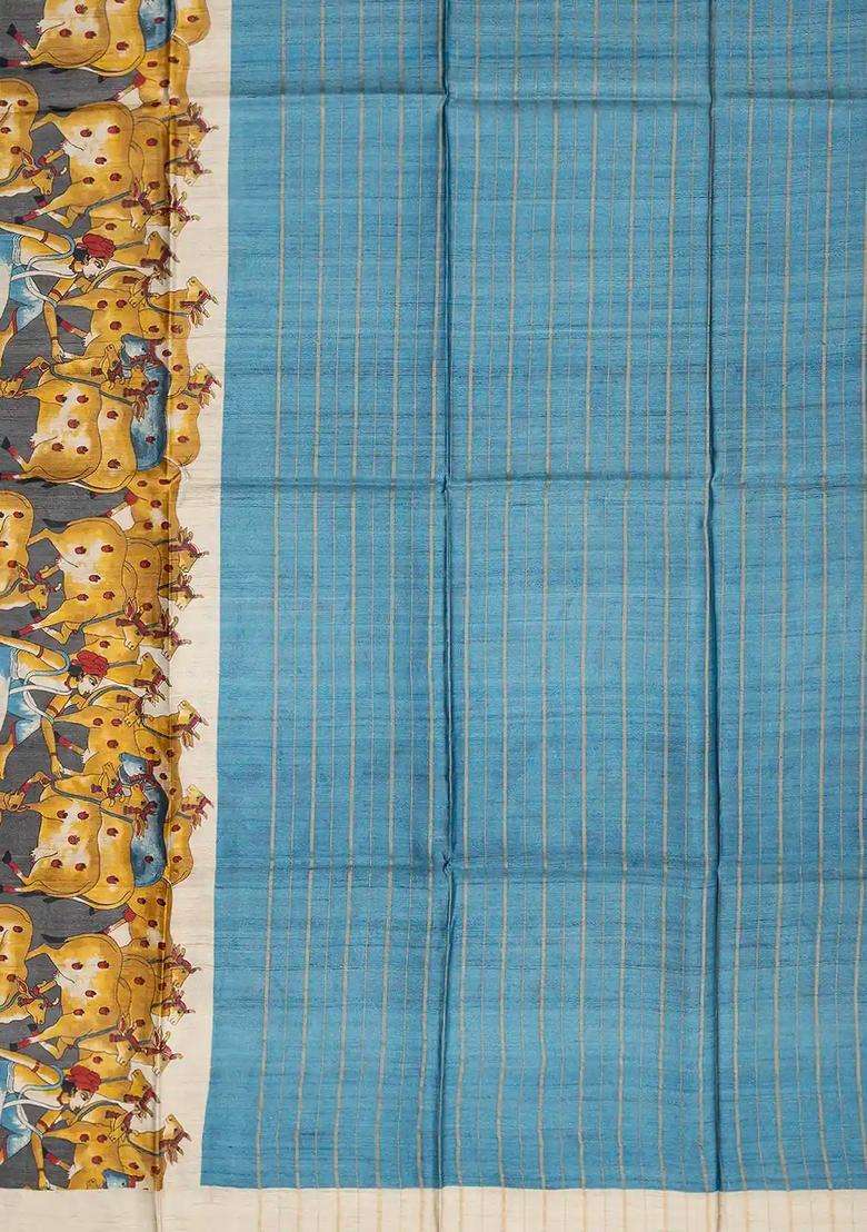 Steel Blue Handloom Tussar Silk Saree With Checks Printed Motifs For Women - Indya