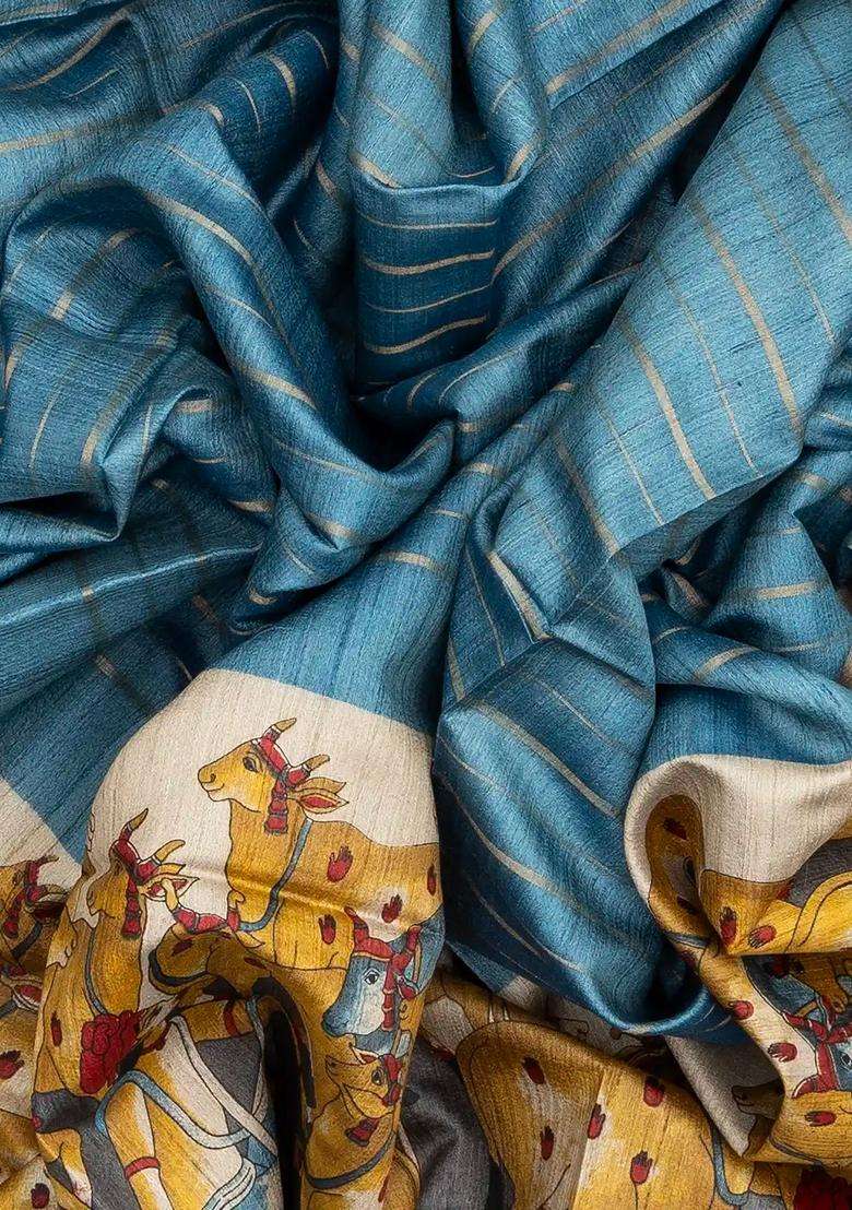 Steel Blue Handloom Tussar Silk Saree With Checks Printed Motifs For Women - Indya