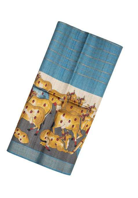 Steel Blue Handloom Tussar Silk Saree With Checks Printed Motifs For Women