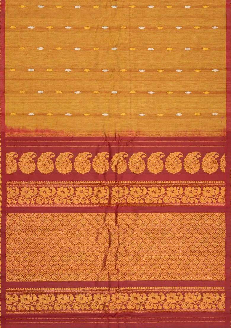 Mustard Handloom Gadwal Silk Cotton Saree With Buttas With Buttas And Brocade Design For Women - Indya