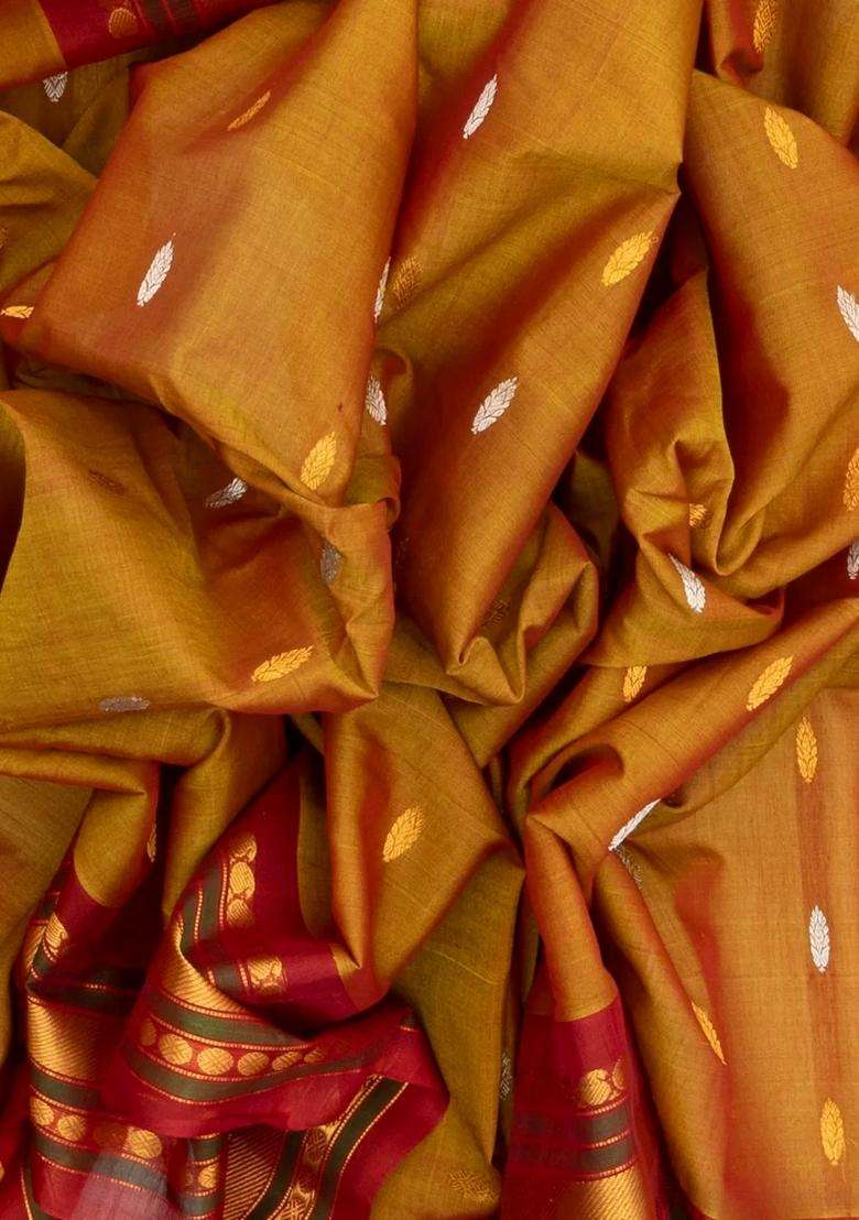 Mustard Handloom Gadwal Silk Cotton Saree With Buttas With Buttas And Brocade Design For Women - Indya