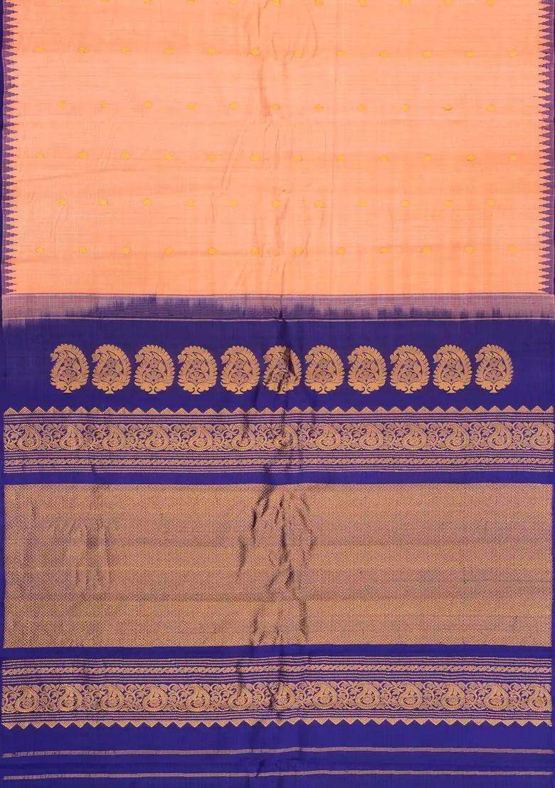 Peach Handloom Gadwal Silk Cotton Saree With Checks Buttas With Buttas And Brocade Design For Women - Indya