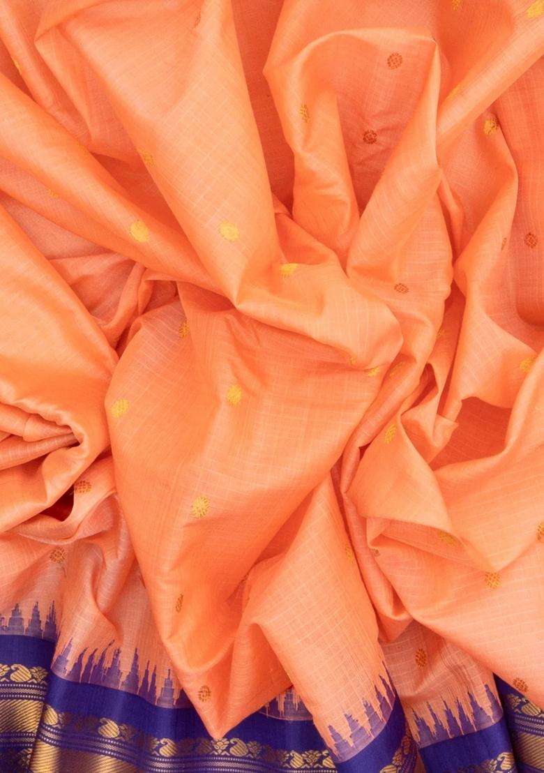 Peach Handloom Gadwal Silk Cotton Saree With Checks Buttas With Buttas And Brocade Design For Women - Indya