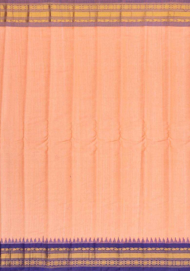 Peach Handloom Gadwal Silk Cotton Saree With Checks Buttas With Buttas And Brocade Design For Women - Indya