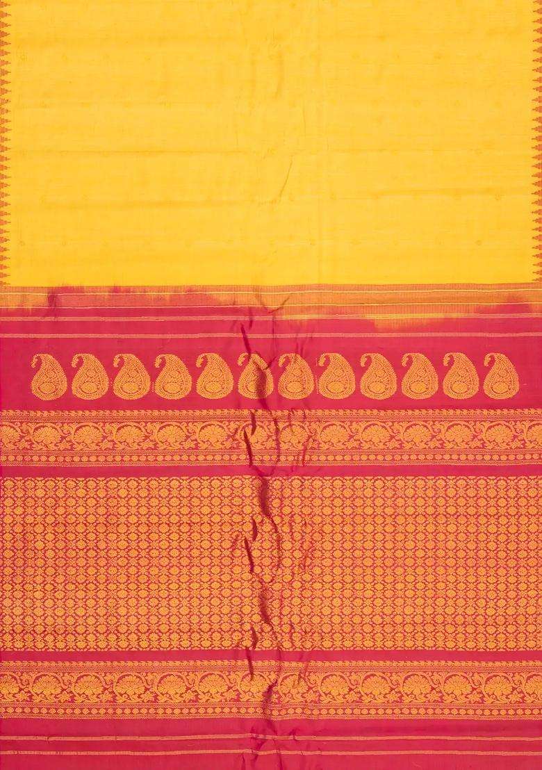 Yellow Handloom Gadwal Silk Cotton Saree With Checks Buttas With Buttas And Brocade Design For Women - Indya
