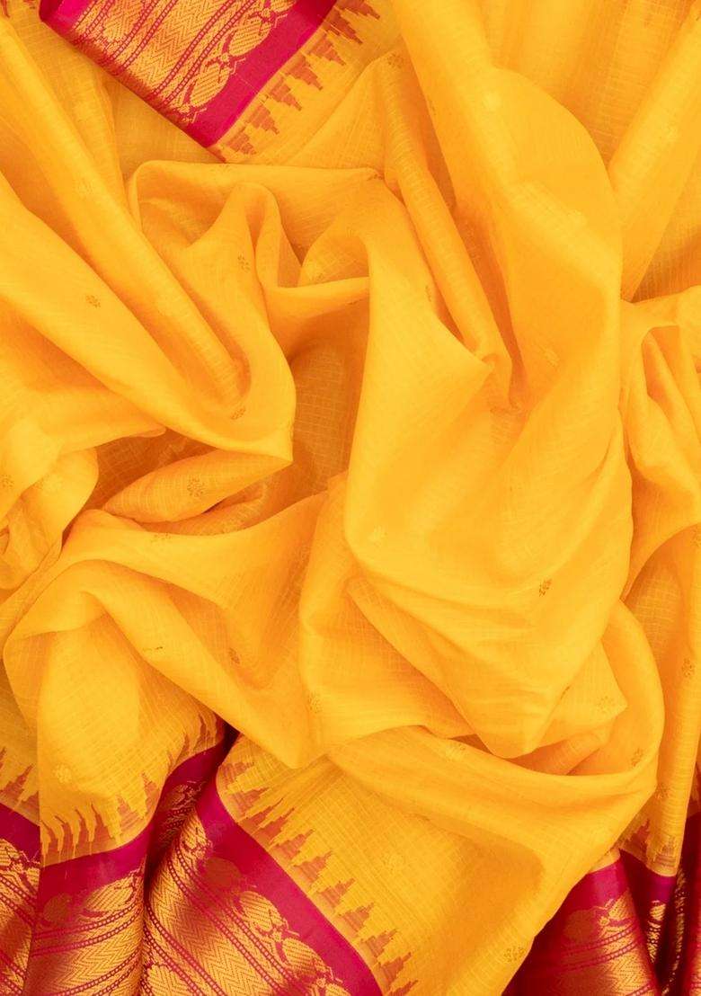Yellow Handloom Gadwal Silk Cotton Saree With Checks Buttas With Buttas And Brocade Design For Women - Indya