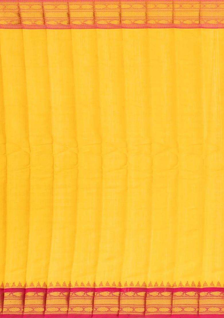 Yellow Handloom Gadwal Silk Cotton Saree With Checks Buttas With Buttas And Brocade Design For Women - Indya