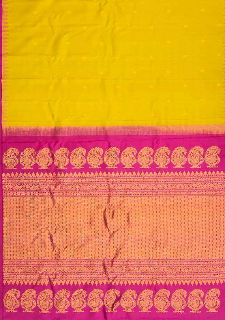 Mustard Handloom Gadwal Silk Saree With Buttas Contrast Border With Buttas And Brocade Design For Women - Indya