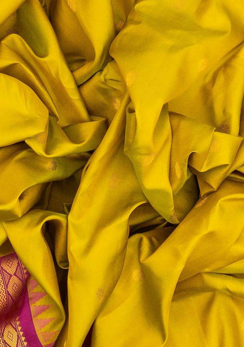 Mustard Handloom Gadwal Silk Saree With Buttas Contrast Border With Buttas And Brocade Design For Women - Indya
