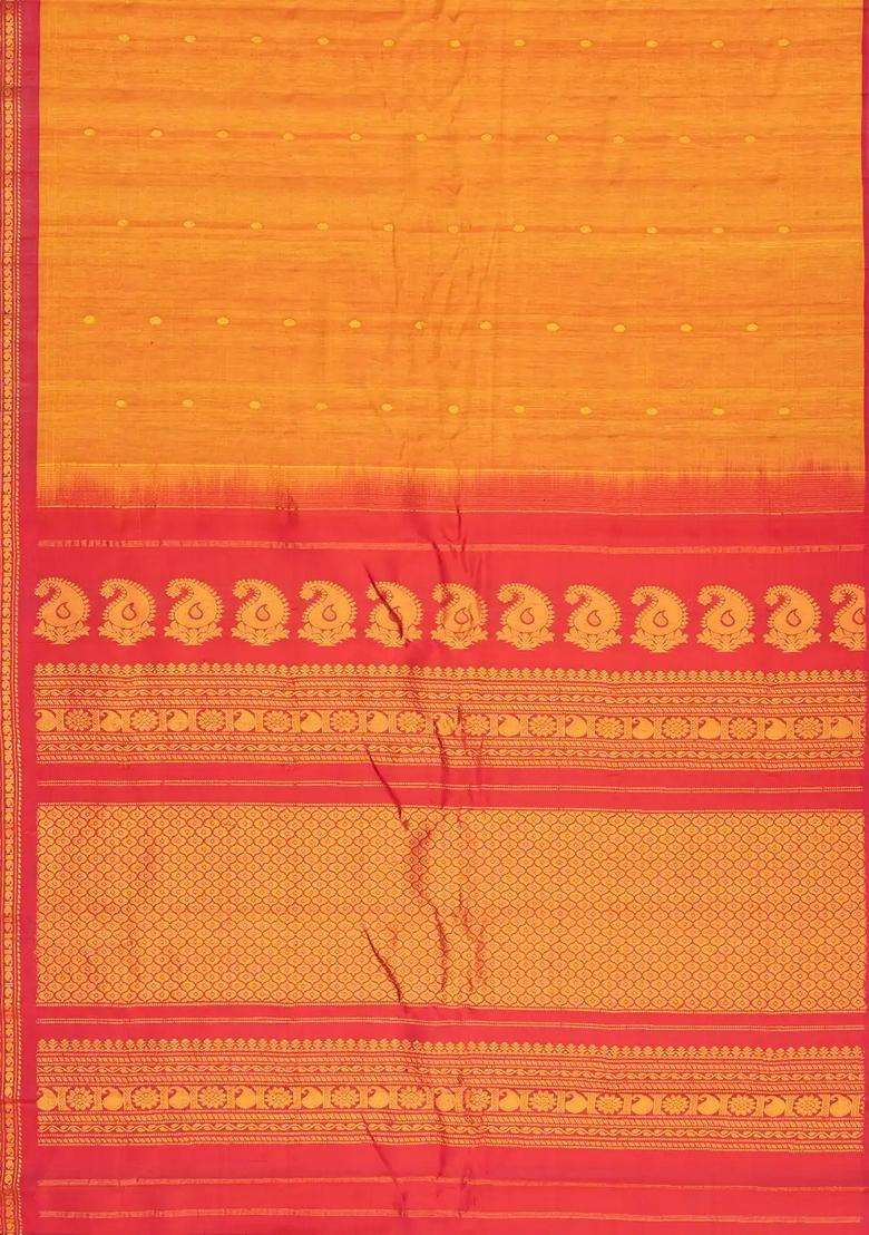 Orange Handloom Gadwal Silk Cotton Saree With Buttas Contrast Border With Buttas And Brocade Design For Women - Indya