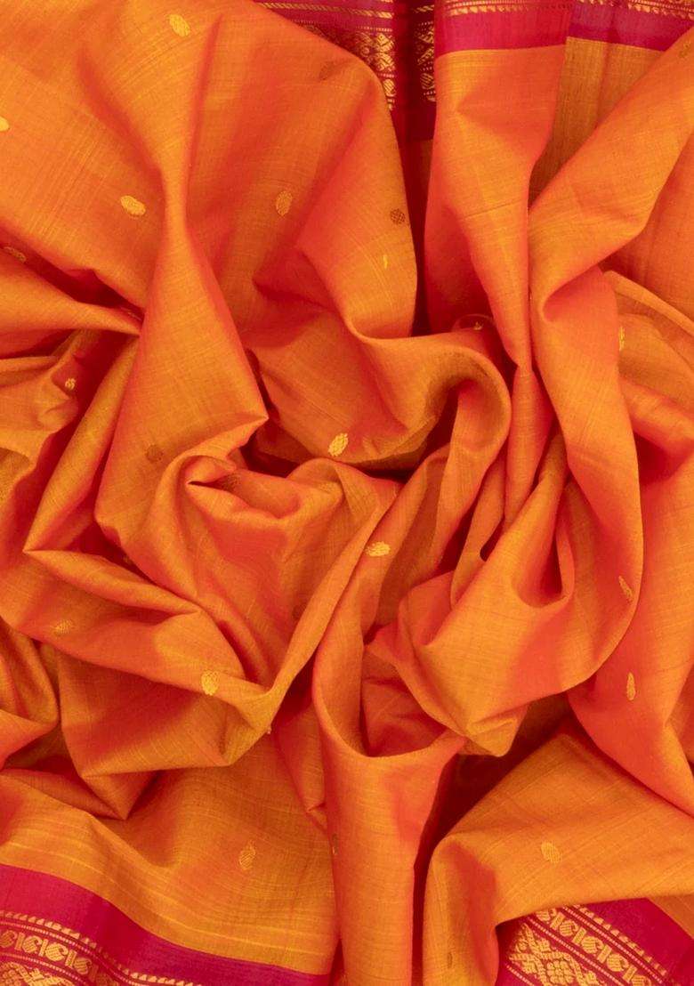 Orange Handloom Gadwal Silk Cotton Saree With Buttas Contrast Border With Buttas And Brocade Design For Women - Indya