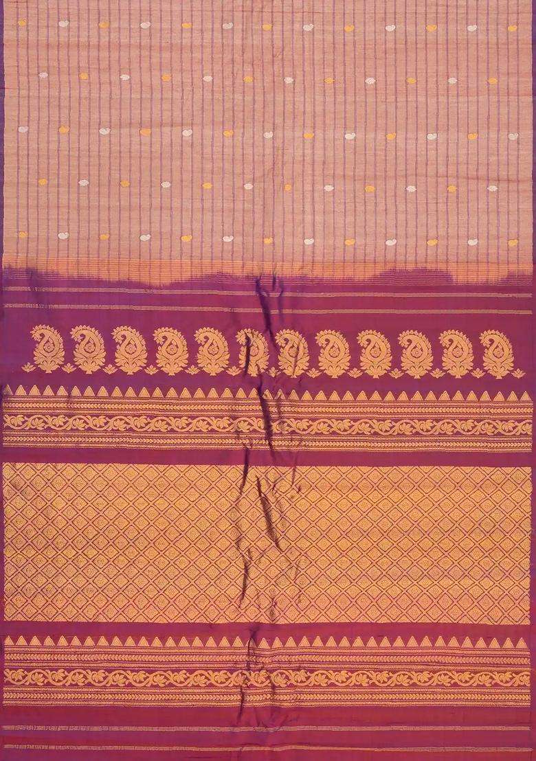 Peach Handloom Gadwal Silk Cotton Saree With Buttas Contrast Border With Buttas And Brocade Design For Women - Indya