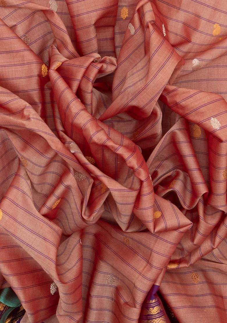 Peach Handloom Gadwal Silk Cotton Saree With Buttas Contrast Border With Buttas And Brocade Design For Women - Indya