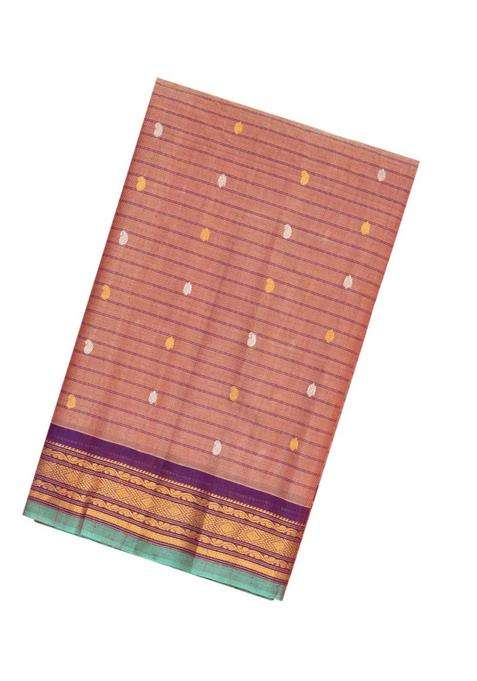 Peach Handloom Gadwal Silk Cotton Saree With Buttas Contrast Border With Buttas And Brocade Design For Women