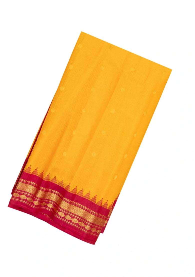 Yellow Handloom Gadwal Silk Cotton Saree With Buttas Temple Border With Korvai And Temple Border Design For Women - Indya