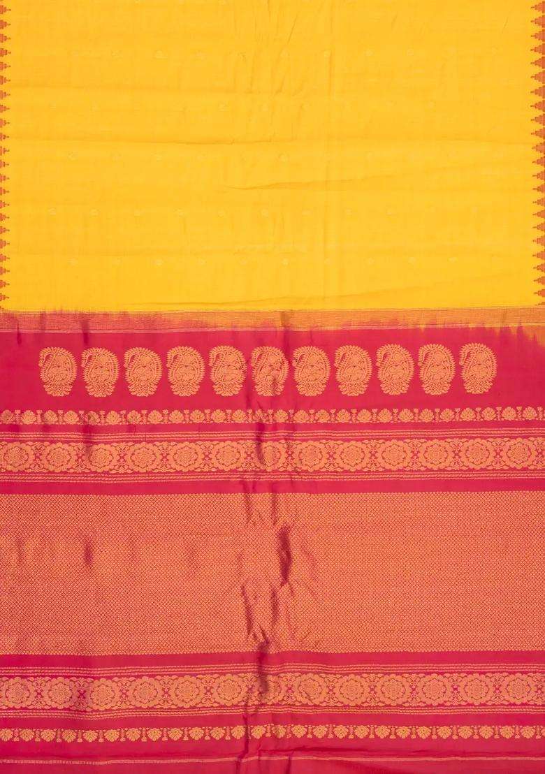 Yellow Handloom Gadwal Silk Cotton Saree With Buttas Temple Border With Korvai And Temple Border Design For Women - Indya