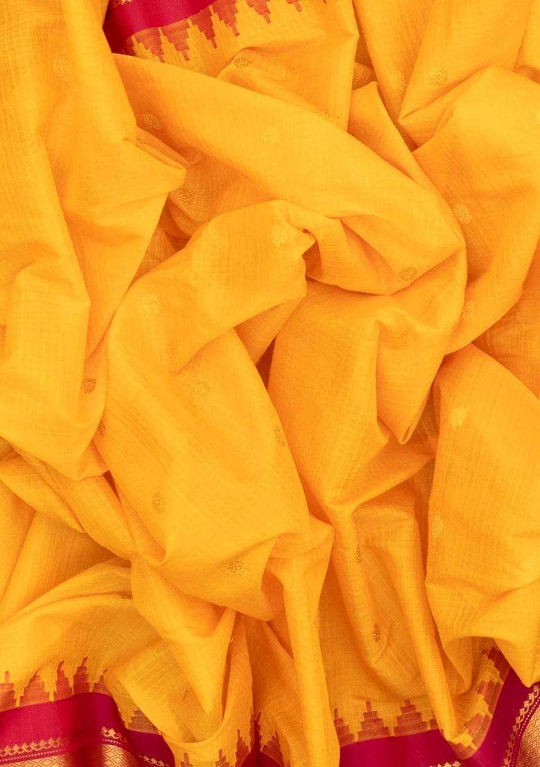Yellow Handloom Gadwal Silk Cotton Saree With Buttas Temple Border With Korvai And Temple Border Design For Women - Indya