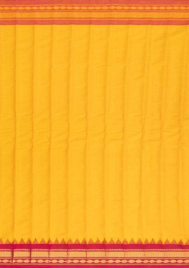 Yellow Handloom Gadwal Silk Cotton Saree With Buttas Temple Border With Korvai And Temple Border Design For Women - Indya