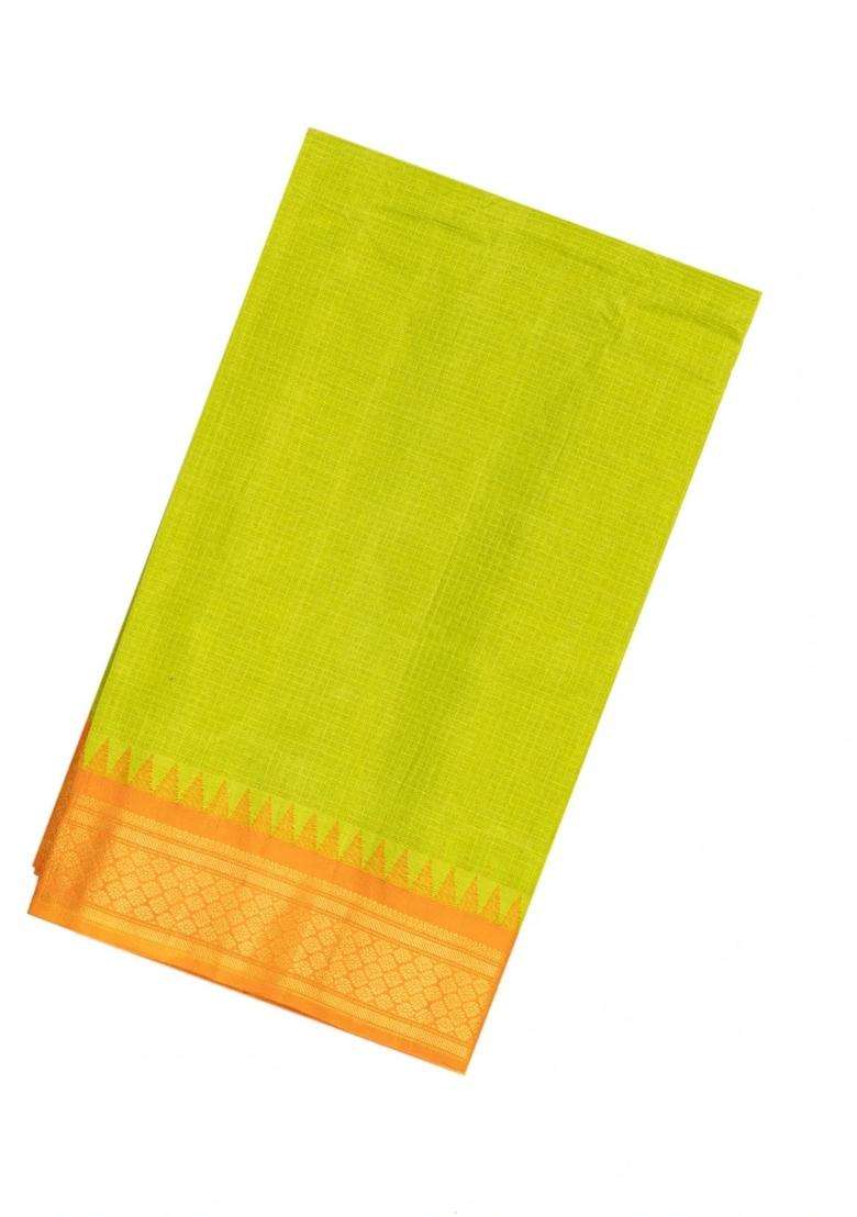 Neon Green Handloom Gadwal Cotton Saree With Checks Contrast Border With Checks And Stripes Design For Women - Indya