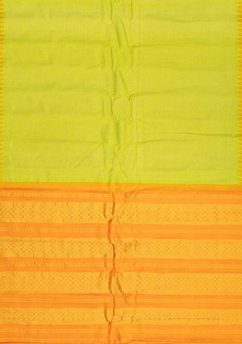 Neon Green Handloom Gadwal Cotton Saree With Checks Contrast Border With Checks And Stripes Design For Women - Indya
