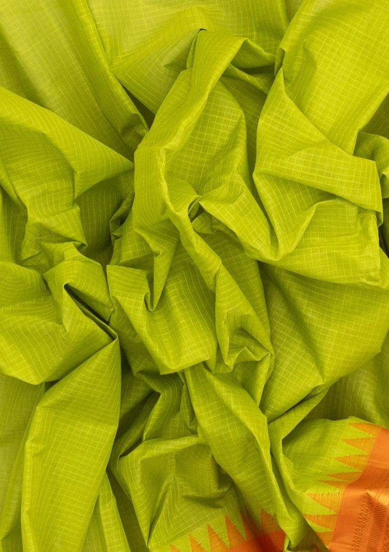 Neon Green Handloom Gadwal Cotton Saree With Checks Contrast Border With Checks And Stripes Design For Women - Indya