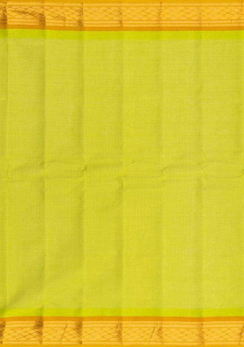 Neon Green Handloom Gadwal Cotton Saree With Checks Contrast Border With Checks And Stripes Design For Women - Indya