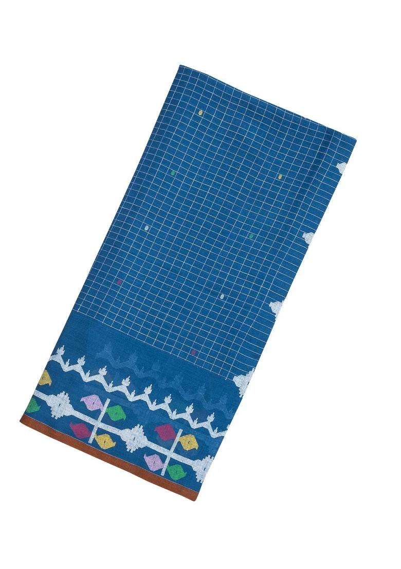 Blue Handloom Bengal Cotton Saree With Checks Meena Border With Checks And Stripes Design For Women - Indya