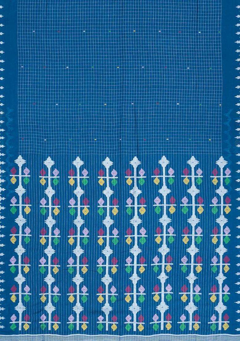 Blue Handloom Bengal Cotton Saree With Checks Meena Border With Checks And Stripes Design For Women - Indya