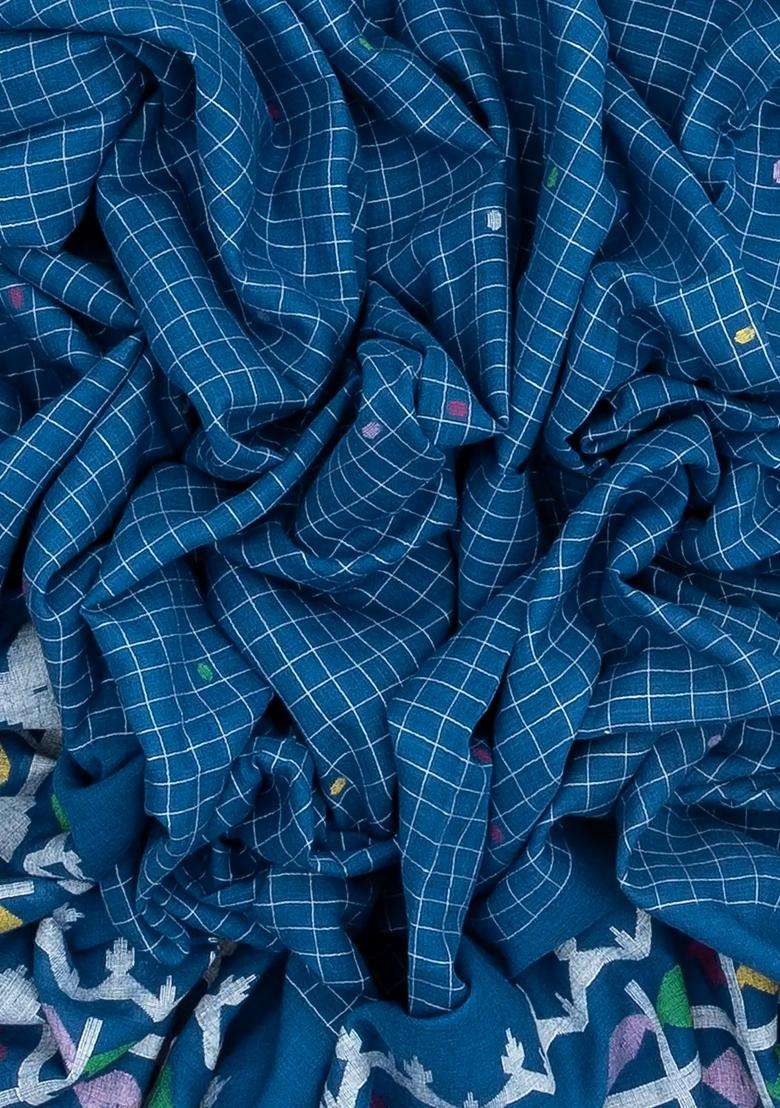 Blue Handloom Bengal Cotton Saree With Checks Meena Border With Checks And Stripes Design For Women - Indya