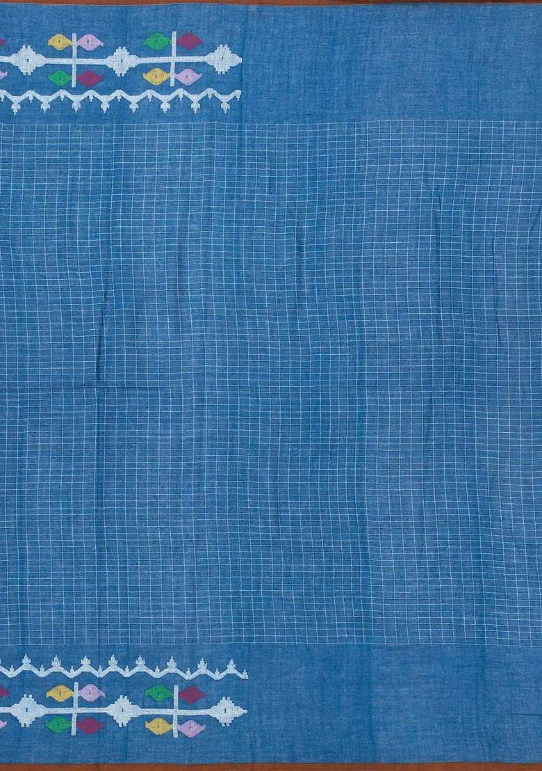 Blue Handloom Bengal Cotton Saree With Checks Meena Border With Checks And Stripes Design For Women - Indya