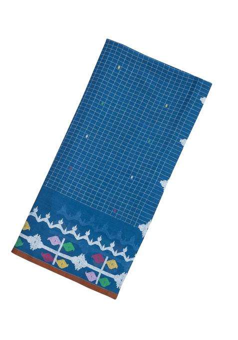 Blue Handloom Bengal Cotton Saree With Checks Meena Border With Checks And Stripes Design For Women