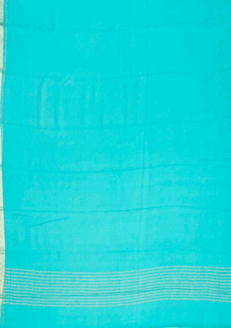 Turquoise Woven Mysore Silk Crepe Saree With Zari Border With Traditional Woven Design For Women - Indya