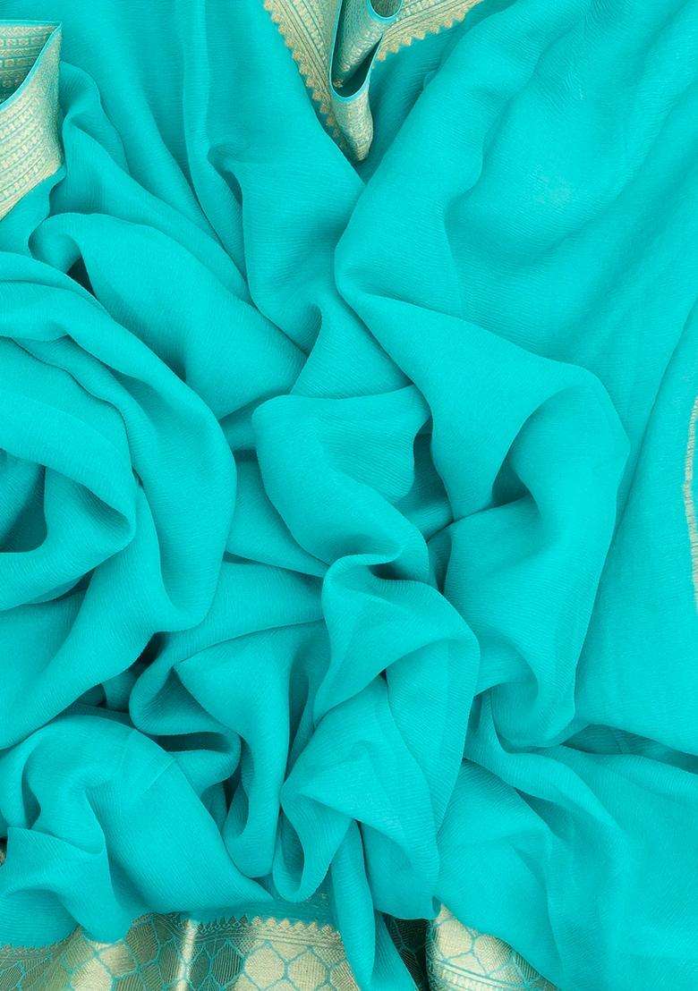 Turquoise Woven Mysore Silk Crepe Saree With Zari Border With Traditional Woven Design For Women - Indya