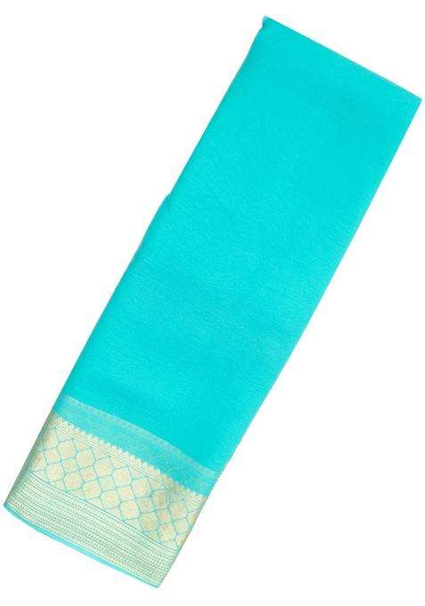 Turquoise Woven Mysore Silk Crepe Saree With Zari Border With Traditional Woven Design For Women