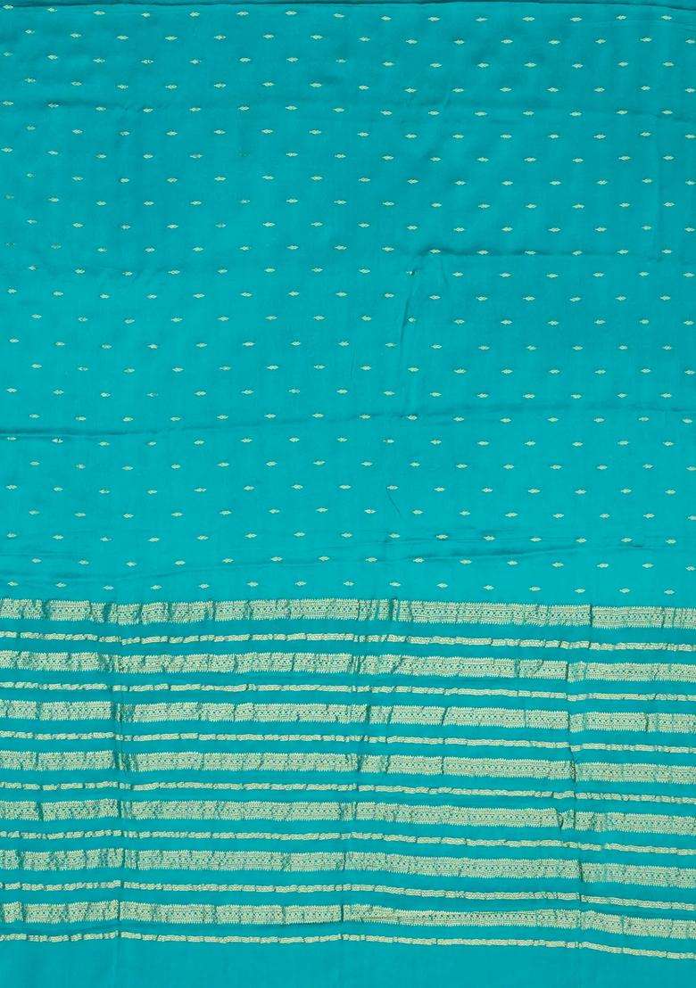 Cyan Woven Mysore Silk Crepe Saree With Floral Buttas With Buttas And Brocade Design For Women - Indya
