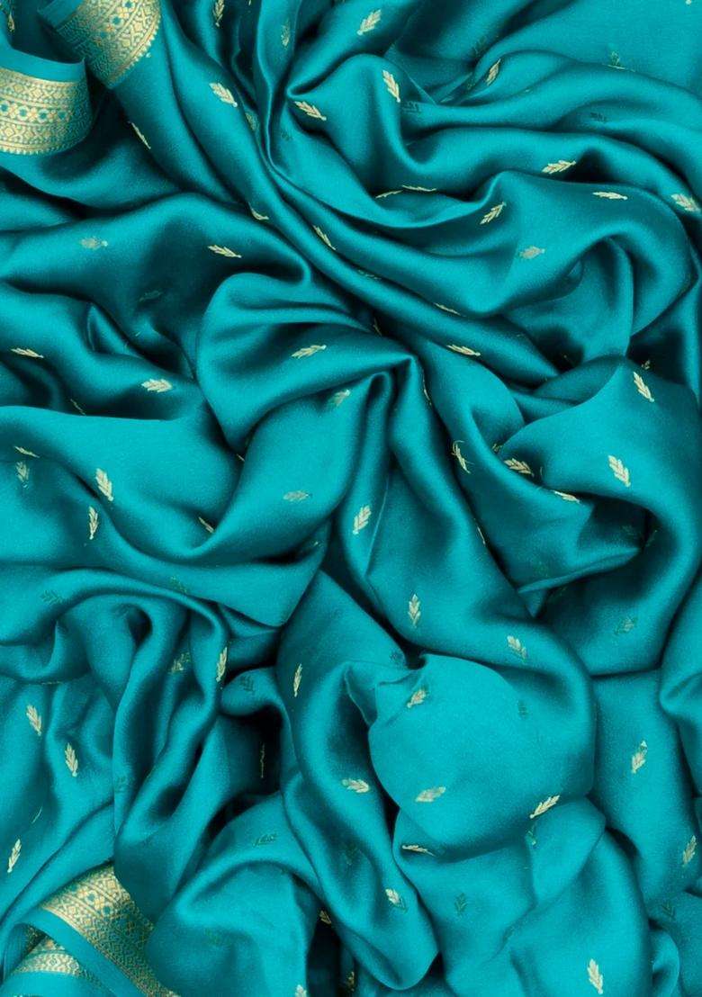 Cyan Woven Mysore Silk Crepe Saree With Floral Buttas With Buttas And Brocade Design For Women - Indya