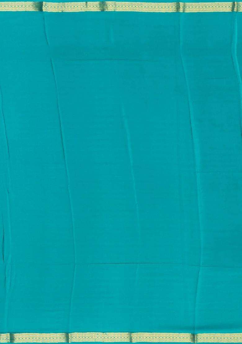 Cyan Woven Mysore Silk Crepe Saree With Floral Buttas With Buttas And Brocade Design For Women - Indya