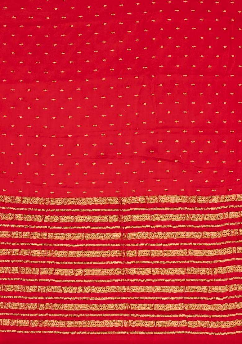 Red Woven Mysore Silk Crepe Saree With Floral Buttas With Buttas And Brocade Design For Women - Indya