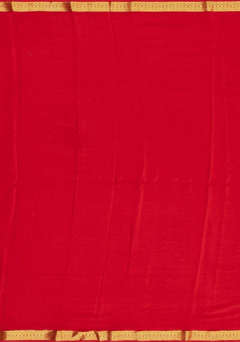 Red Woven Mysore Silk Crepe Saree With Floral Buttas With Buttas And Brocade Design For Women - Indya